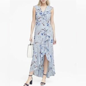 Banana Republic Light Blue Floral Ruffle Faux Wrap Dress Size 2 NWT high low hem